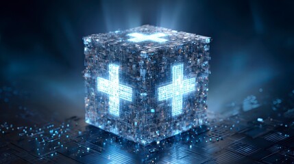A luminous, intricate cube with glowing plus signs on each face, hinting at interconnected digital networks. It rests on a circuit board