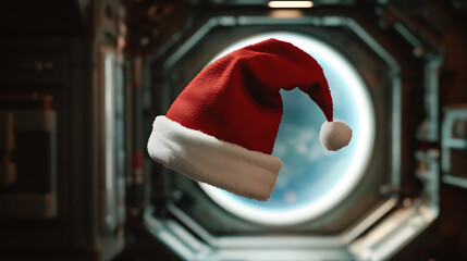 Santa's hat floats inside the space station, offering a whimsical holiday touch as Earth hangs outside the window. Festive cheer among the stars, bridging distances and spreading joy.