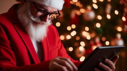 Santa checking his list twice on a tablet, Christmas lights twinkling in the background. Modern Santa embracing technology to spread holiday cheer.