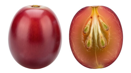Isolated red grapes one whole and one cut in half showing seeds and internal structure