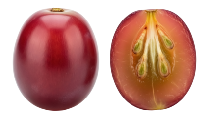 Isolated red grapes one whole and one cut in half showing seeds and internal structure