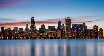 Chicago Skyline at Dusk Reflected in Lake Michigan.