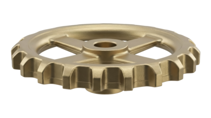 Isolated metallic bronze cogwheel with teeth for machine parts design, industrial object