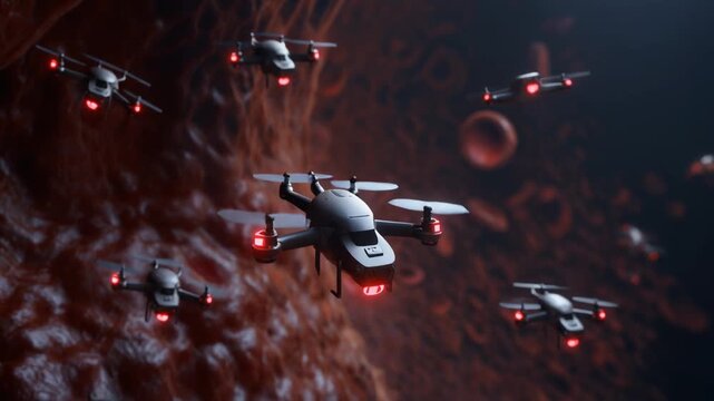 Virotech Micro-robotic swarm navigates the biological system, representing advanced nanotechnology for precision medicine and targeted intervention