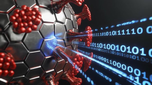 Virotech Viral data injection of binary code into advanced digital structures, symbolizing cyber threats and technological disruption