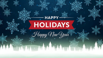 Festive holiday greeting card with snowflakes and trees