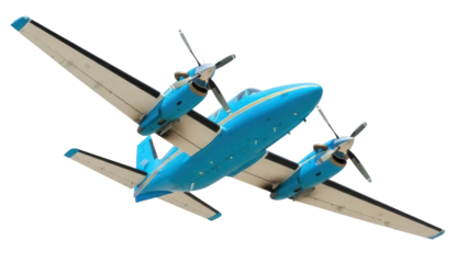 Isolated blue and tan twin-engine light aircraft angled in flight, propellers spinning