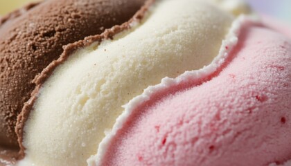 Detailed macro photograph highlighting the creamy texture of three colorful scoops of chocolate, vanilla, and strawberry ice cream in an indoor setting.