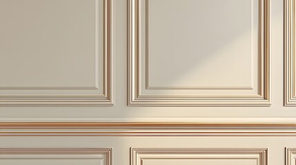 White wall with a row of wooden panels. The panels are arranged in a way that creates a sense of depth and texture. The light shining on the wall highlights the intricate details of the panels