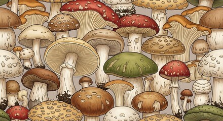 Diverse Mushroom Collection - A Detailed Botanical Illustration of Various Fungi Species in Natural Hues.