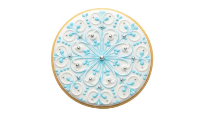 Isolated beautiful cookie, decorative royal icing in snowflake pattern, festive treat