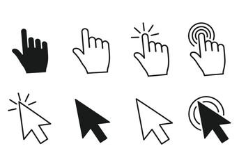 Collection of diverse mouse pointer and hand cursor icons for web design and user interface