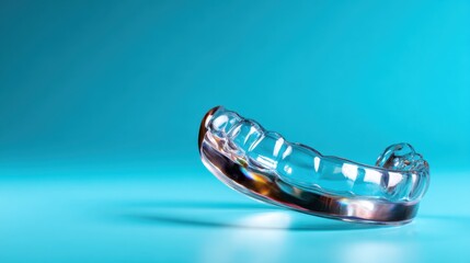 This image showcases a clear dental retainer against a bright blue background, emphasizing dental health and modern technology in oral care for a confident smile.