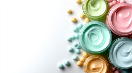 An array of colorful paint jars neatly arranged, illustrating a vibrant palette that represents creativity and artistic expression in a visually appealing manner on a white backdrop.