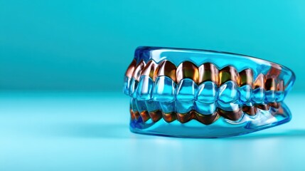 This captivating image depicts a colorful, transparent teeth mold resting on a vibrant blue background, highlighting artistry in dental design and visual appeal with bright hues.