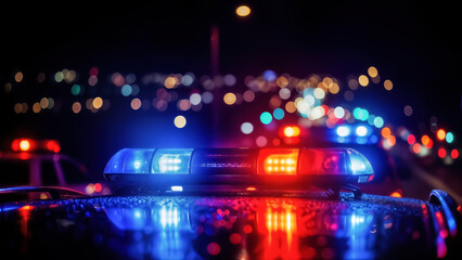 Emergency police car light bar flashing red and blue lights at night with city bokeh background