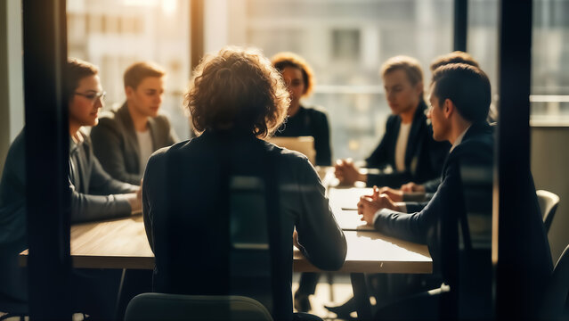 Business meeting in a modern office with diverse professionals collaborating around a conference table during a bright, sunlit session, viewed from behind a glass partition - Powered by Adobe