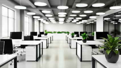Modern open plan office interior with desks computers and potted plants in a brightly lit corporate workspace with recessed ceiling lights and large windows