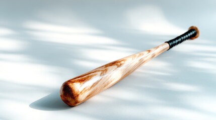This elegantly captured wooden bat rests on a soft white surface, showcasing its craftsmanship and simplicity, highlighting the beauty of sports equipment.