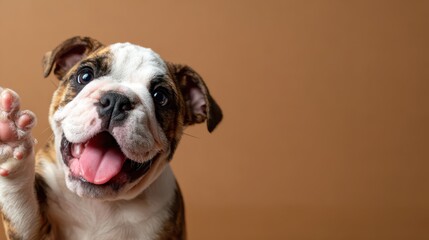 This adorable bulldog puppy flashes a joyful smile while playfully waving its paw, embodying pure happiness and the charm of companionship in a warm setting.