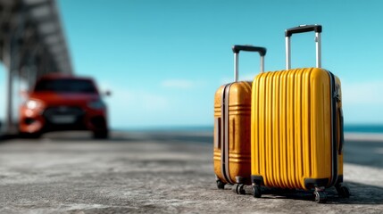 Two vibrant yellow suitcases sit on a sunny pier with a blurred car in the background, evoking excitement for travel and adventure at a beautiful location.