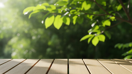 Serene outdoor setting with wooden deck and lush greenery