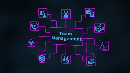 Team Management concept with neon business icons illustrating leadership, collaboration, task coordination and performance alignment systems.