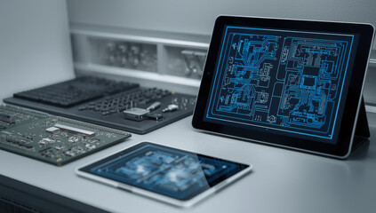Clean electronics lab workspace with circuit board layout displayed on tablet and tools