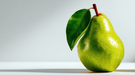 A fresh green pear with a single shiny leaf against a soft background, embodying nature's beauty and simplicity, promoting health and natural organic lifestyles.