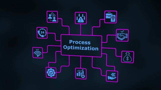 Process Optimization visualization with neon connected icons illustrating workflow improvement, efficiency analysis and operational performance.