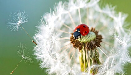 Macro shot of a ladybug on a dandelion seed head