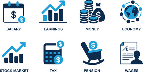 Financial earnings and global economy icon set: salary calendar, stock market growth, pension retirement, and tax calculator symbols