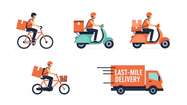 Diverse last-mile delivery services with couriers on bikes, scooters, and a truck.