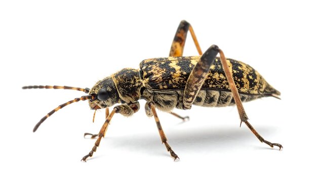 Macro shot of a patterned beetle with long legs and antennae against white
