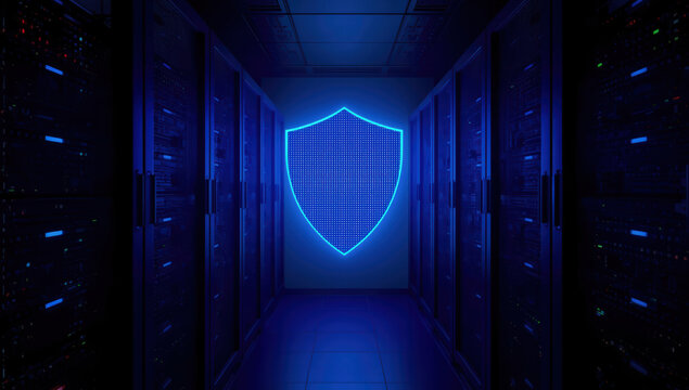 Neon blue shield glowing in secure server room corridor conveying cyber security confidence