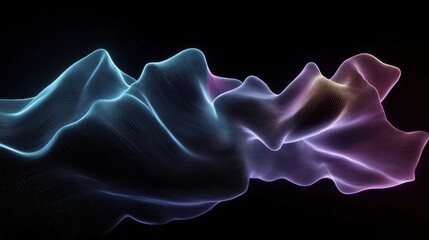 An abstract soundwave rendered as a crystalline, rainbow-colored structure, pulsating and vibrating in a dark space, representing digital audio technology, hyper-detailed. 