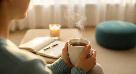 Mindful Morning Rituals: Woman Holding Steaming Mug, Journaling & Candle Lit Morning