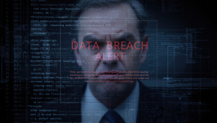 Data breach alert on executive portrait with transparent code overlay, tense cybersecurity scene