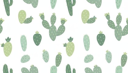 A soft pastel green, minimalist digital illustration of various stylized cacti and succulents forming a fresh seamless repeating pattern on a clean white background.