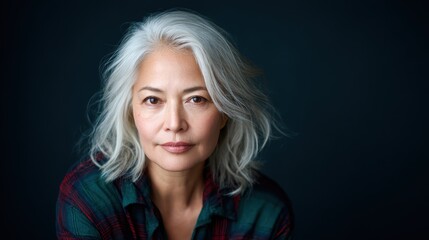 Fototapeta premium A striking portrait of a mature woman with flowing silver hair, exuding confidence and beauty, set against a deep dark background, perfect for themes of elegance and grace.