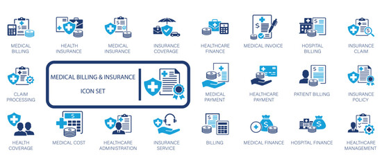 Medical billing and insurance icon set featuring healthcare finance, claim processing, health insurance policy, hospital billing, medical invoice, and patient payment symbols.