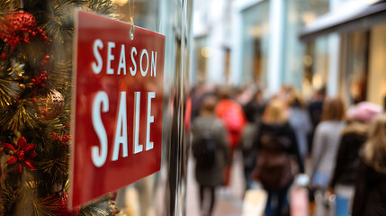 Holiday shopping season is in full swing. A seasonal sale sign is displayed on a storefront window decorated with holiday ornaments as shoppers pass by on the crowded sidewalk.