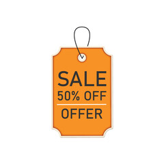 Bright orange promotional sale tag featuring 50% off special discount offer