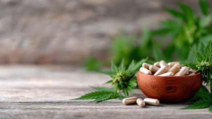 A rustic wooden bowl filled with herbal capsules surrounded by fresh cannabis leaves, highlighting the natural approach to health and wellness in a serene setting.