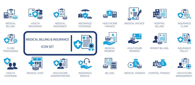 Medical billing and insurance icon set featuring healthcare finance, claim processing, health insurance policy, hospital billing, medical invoice, and patient payment symbols.