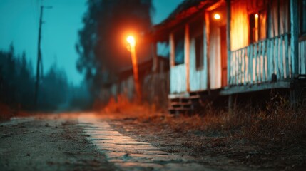 This atmospheric scene captures a rustic cabin illuminated by soft lights, set against a foggy backdrop that evokes feelings of mystery and nostalgia.
