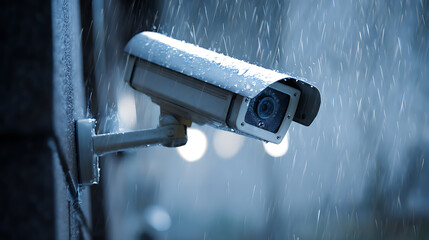 A security camera watches vigilantly through a downpour. It is attached to the side of a building, raindrops beading on the casing, ensuring surveillance even in the storm.