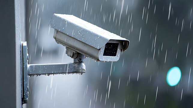 Security camera in the rain, vigilant eye on the streets, watching even when the weather is bad. Protection around the clock! Guarding and monitoring in action.