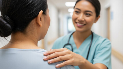 A compassionate healthcare professional with a stethoscope around her neck reassures a patient with a gentle touch on her shoulder