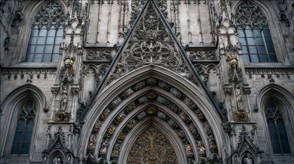 Intricate stone facade of a cathedral, featuring pointed arches, detailed carvings, and stained-glass windows